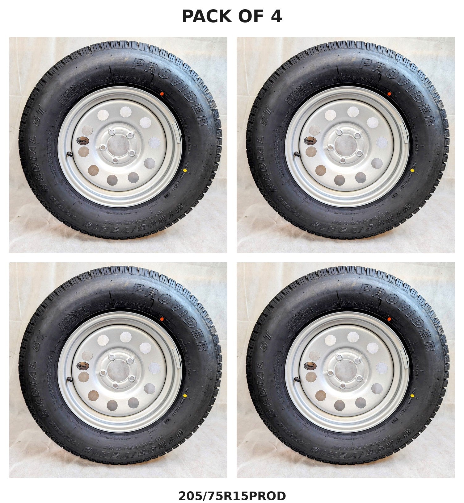 Provider 205/75R15 Trailer Tire & Steel Wheel – Set of 4 – Load Range D | 5 on 4.5