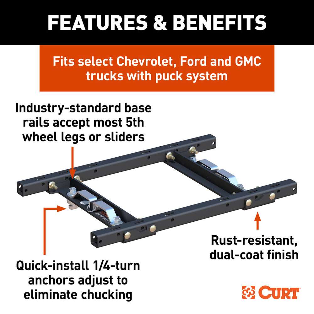 CURT 16027 Puck System 5th Wheel Adapter with Rails, Select Chevy, Ford, GMC, 25K #16027