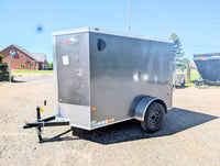 2026 American Hauler Arrow 5x8 Enclosed Cargo Trailer Pewter – front driver-side 3/4 view, charcoal exterior, black steel wheels, single axle