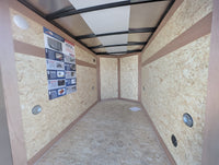 2026 American Hauler Arrow 5x8 Enclosed Cargo Trailer Pewter – interior view, OSB walls, white ceiling liner, LED dome light, vented