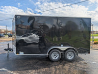 Street-side full profile of 2026 Cargo Mate 7x14 tandem axle enclosed cargo trailer in black with E-Series badge, aluminum fenders, and galvanized roof edge