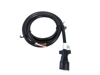 An 8' wire harness with a 7-way round connector for Trailers and RVs, displaying color-coded wires and a black protective plastic sleeve.