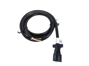 An 8' wire harness with a 7-way round connector for Trailers and RVs, displaying color-coded wires and a black protective plastic sleeve.