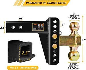 Adjustable Trailer Hitch, Fits 2.5-Inch Receiver, 6-Inch Drop/Rise,2