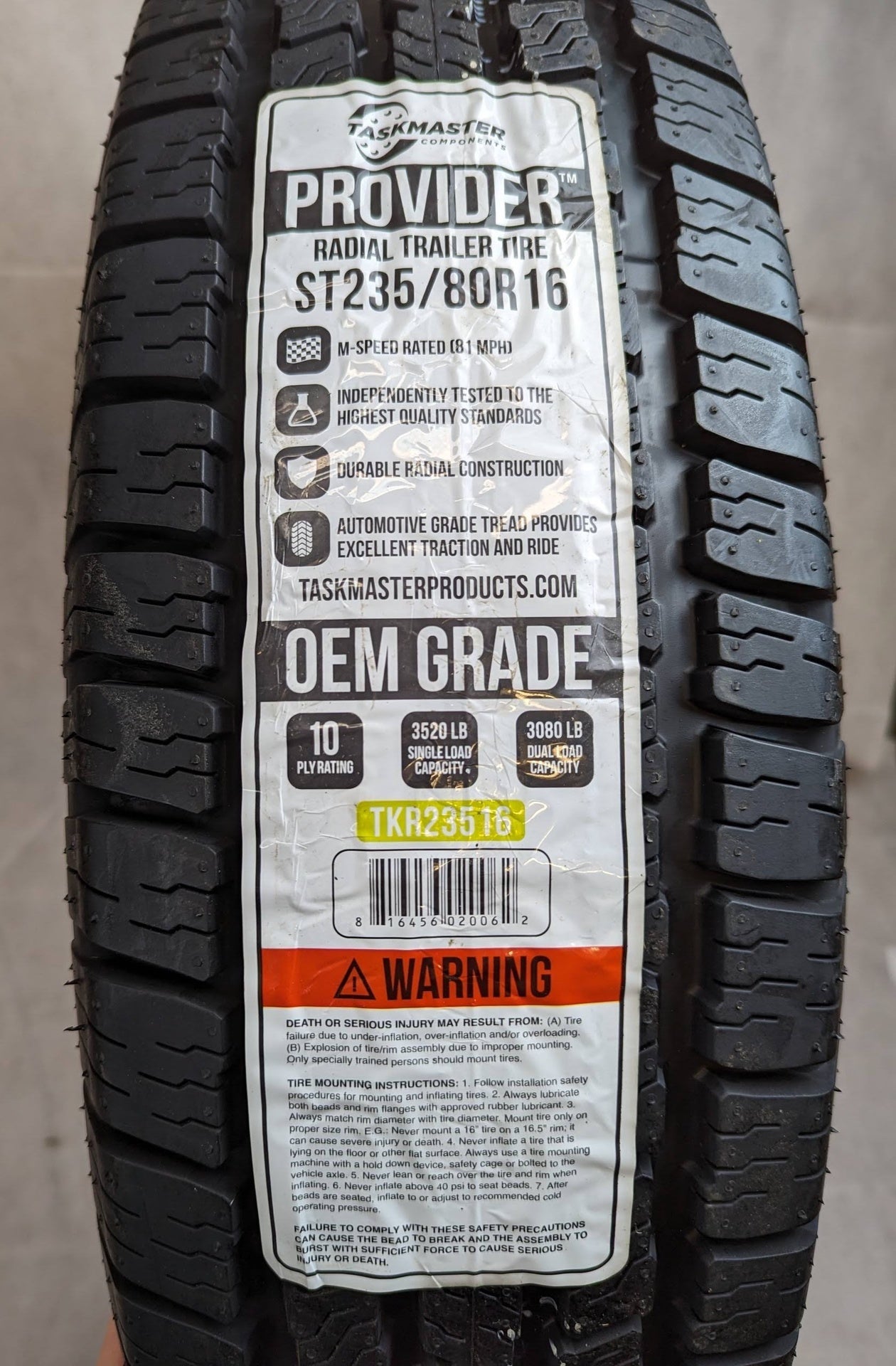 ST 235/80R16 PROVIDER LOAD RANGE E TRAILER TIRE