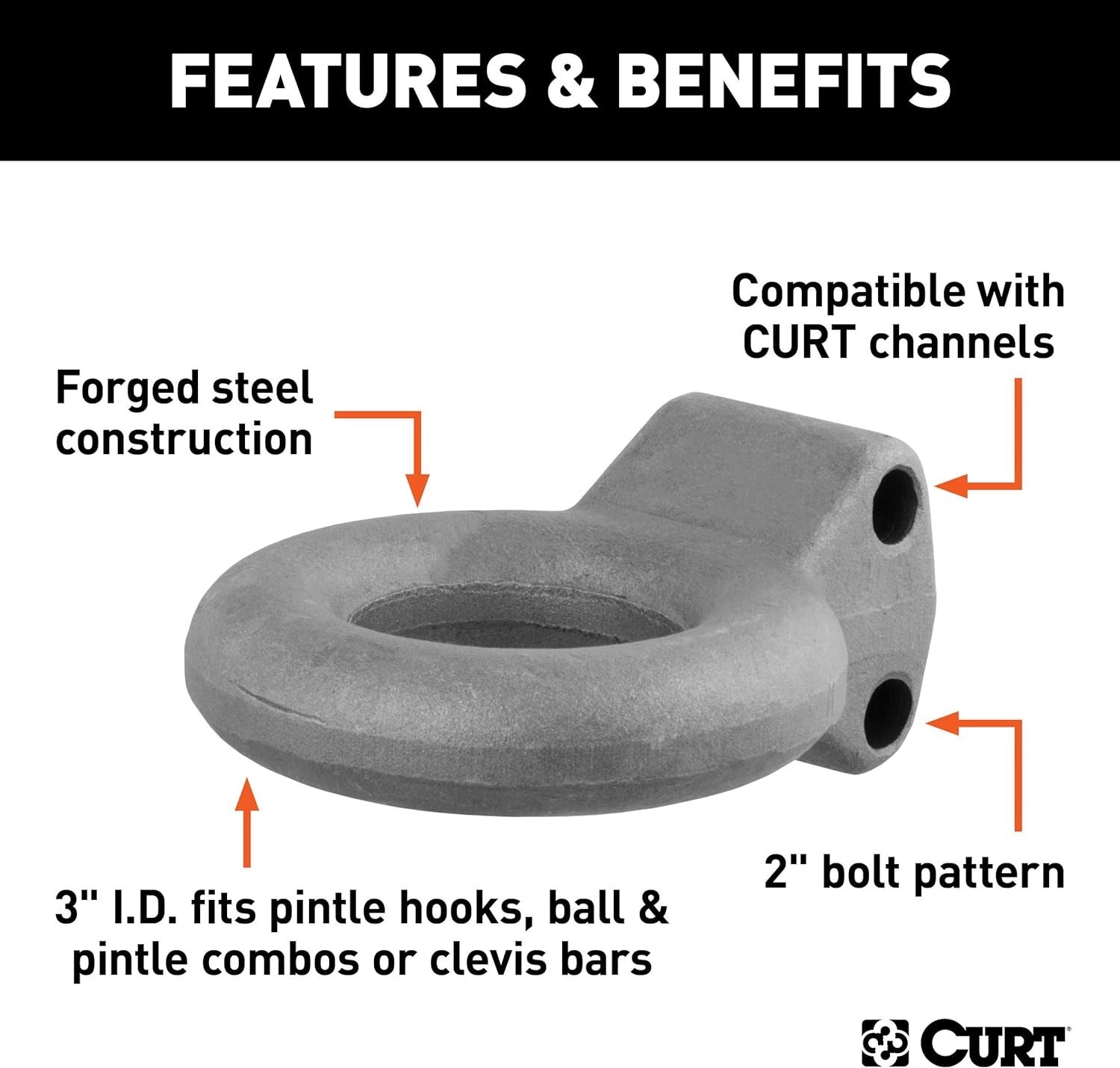 CURT 48601 Black Steel Pintle Hitch Lunette Ring 3-Inch ID, 12,000 lbs, Channel Mount Required,