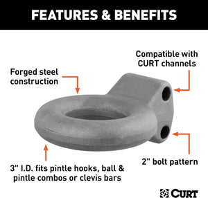 CURT 48601 Black Steel Pintle Hitch Lunette Ring 3-Inch ID, 12,000 lbs, Channel Mount Required,