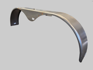 A tandem steel fender for a trailer, displayed on a grey background.