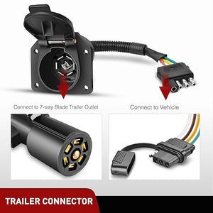 4 Way Flat to 7 Way Round Blade Trailer Adapter Wiring Harness 4 Pin to 7 Pin Electrical Connector with Mounting Bracket for RV Truck