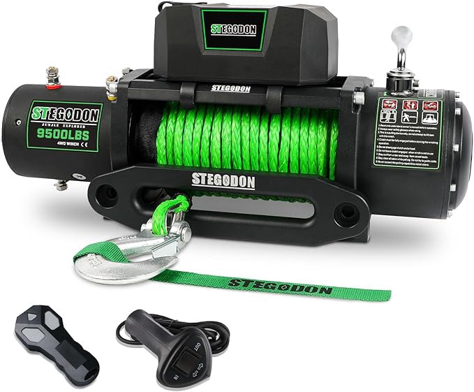 Winch 9500lb Winch 12V Waterproof Electric Winch Synthetic Rope Winch with Wireless Remote and Corded Control for Truck SUV Jeep Wrangle (Green Rope)