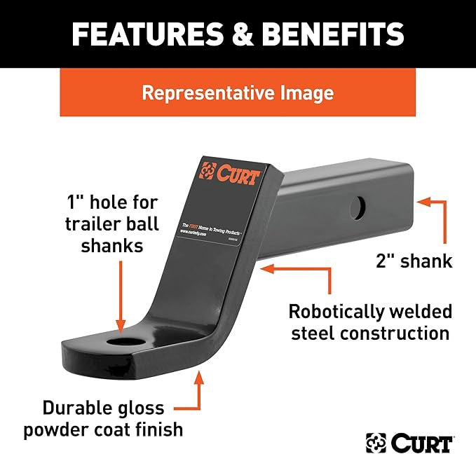 CURT 45050 Class 3 Trailer Hitch Ball Mount, Fits 2-Inch Receiver, 7,500 lbs, 1-Inch Hole, 4-Inch Drop, 2-In Rise, Gloss Black Powder Coat