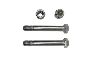 Two cap screws and two nylock nuts, likely made of steel or another durable metal, displayed against a plain background.