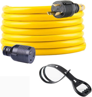 100FT Heavy Duty 3 Prong Generator Locking Power Cord NEMA L5-30P/L5-30R,10 Gauge SJTW Cable, 125V 30Amp Yellow Generator Lock Extension Cord with UL Listed