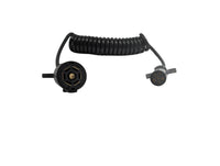 7-way RV blade to 6-way round trailer adapter – face view of both connectors showing 7-pin and 6-pin terminal layout