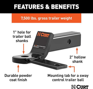 CURT 45820 Anti Sway Trailer Hitch Ball Mount, Fits 2-Inch Receiver, 7,500 lbs, 1-Inch and 5/8-Inch Holes, 2-In Drop