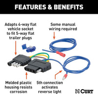 Diagram of a vehicle adapter with labeled features and benefits, including text and a CURT logo.