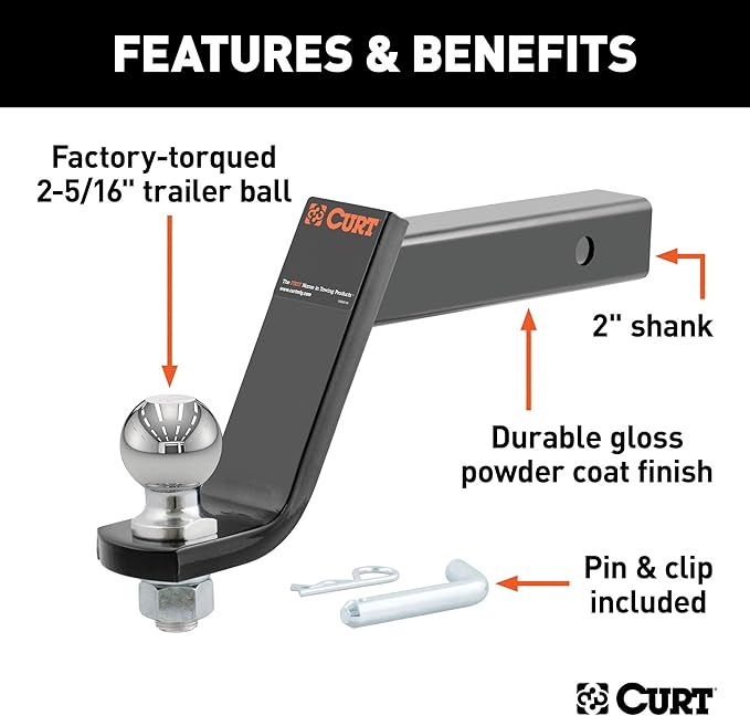 CURT 45065 Lifted Truck Trailer Hitch Mount with 2-5/16-Inch Ball & Pin, Fits 2-Inch Receiver, 7,500 lbs, 6-Inch Drop