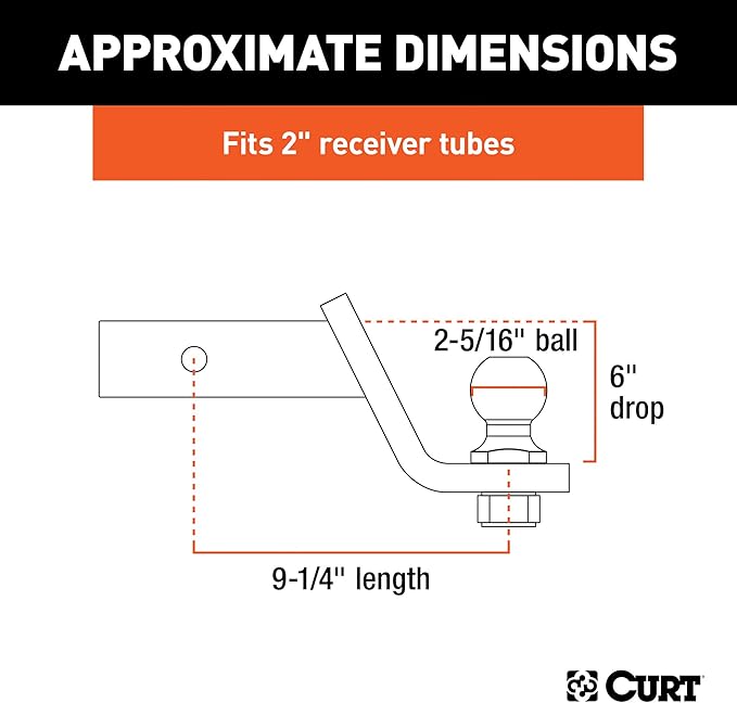 CURT 45065 Lifted Truck Trailer Hitch Mount with 2-5/16-Inch Ball & Pin, Fits 2-Inch Receiver, 7,500 lbs, 6-Inch Drop