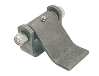 A black formed steel strap hinge with grease fitting, including zinc washer, hex head cap screw and locknut, and plastic bushing.