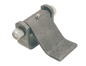 A black formed steel strap hinge with grease fitting, including zinc washer, hex head cap screw and locknut, and plastic bushing.