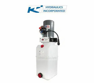 Hydraulic pump with KTI Hydraulics Incorporated logo 6 Quart single acting AAA Trailer