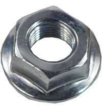 Zinc-plated 7/16"-20 flanged lock nut used on trailer suspension systems, commonly paired with shackle bolts and wet bolt kits for secure fastening.