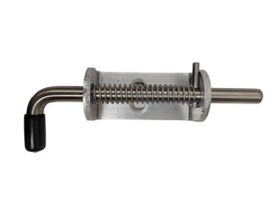 A spring-loaded trailer latch with an aluminum base and a stainless steel pin with vinyl grip. Sierra Pacific 