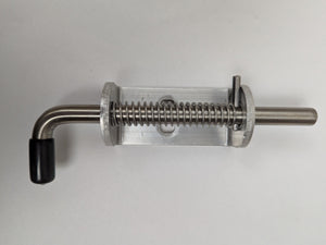 A spring-loaded trailer latch with an aluminum base and a stainless steel pin with vinyl grip.