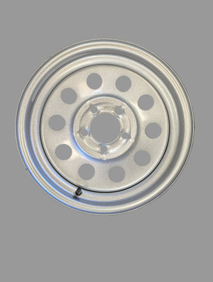 A silver modular steel rim with a 5 on 4-1/2 bolt pattern, designed for trailers.