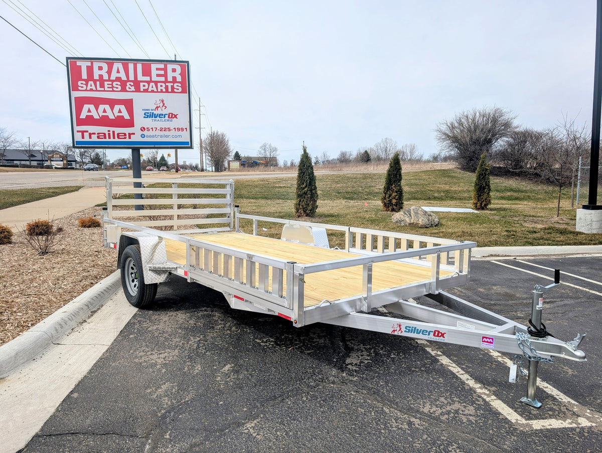 Silver Ox 7x14 Single Axle Aluminum Utility Trailer with Side Loading Ramps and Folding Gate