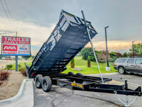Griffin dump trailer with 'GT-716' model number on a paved area with a 'Trailer Sales & Parts' sign in the background.