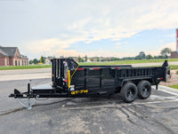 Black Griffin dump trailer with 'GT-716' model number on a paved road.
