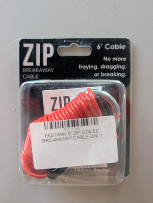 Packaged red breakaway cable with 'ZIP' branding on a gray background
