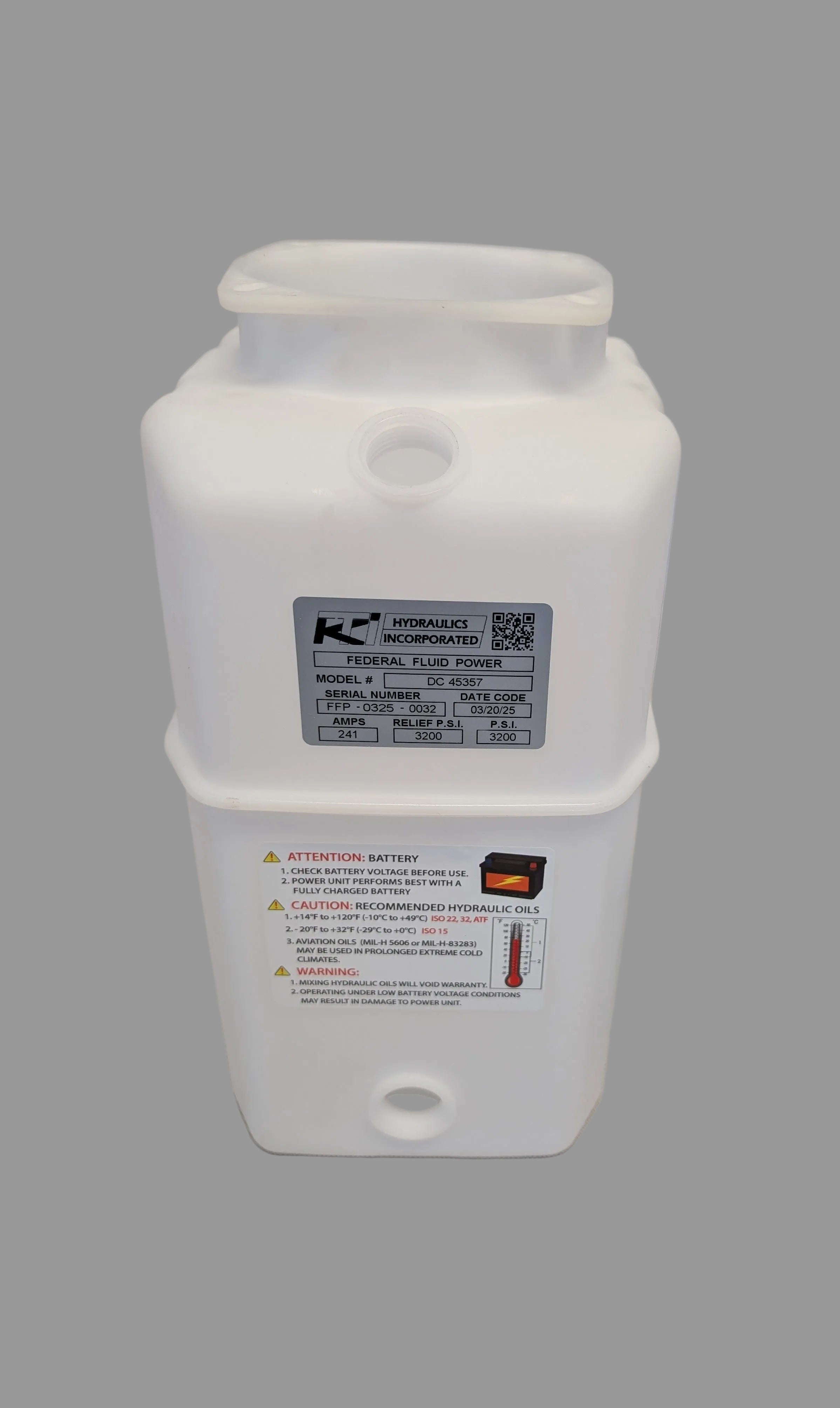 White plastic container with a label on a white background