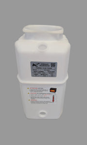 White plastic container with a label on a white background