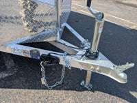 2026 AmeraLite Storm 6x10 — 2-inch ball coupler, top-wind jack, aluminum A-frame and NATM certification label detail