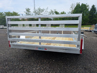 Silver Ox 7x10 Folding Ramp Gate Trailer — rear view with gate folded up showing bi-fold two-section design, Silver Ox logo and LED rear lights | AAA Trailer