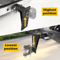 Tow hitch showing highest and lowest positions with labeled arrows on a white background.