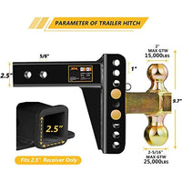 Adjustable Trailer Hitch, Fits 2.5-Inch Receiver, 6-Inch Drop/Rise,2" & 2-5/16" Ball Hitches for Trucks, 22,000 LBS GTW