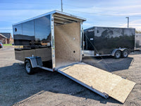 Amera-Lite 6x12 Black Aluminum Enclosed Trailer with Rear Ramp Door Open