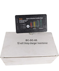 BC-DC-05 12V 5-Amp Charger Maintainer — product box and battery/alternator condition tester display panel | AAA Trailer