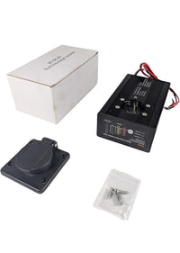 BC-DC-05 12V 5-Amp Dump Trailer Battery Charger — full kit contents showing charger, shore power inlet, mounting screws, and box | AAA Trailer