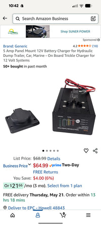 BC-DC-05 12V 5-Amp Battery Charger Maintainer — side view showing battery/alternator tester panel and shore power inlet | AAA Trailer