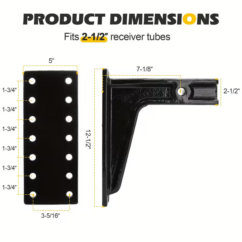 Black metal bracket with dimensions labeled on a white background