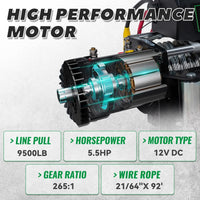 BOAR 9500 Lb Winch, Electric Winch 12V Wireless & Wired Remote - 9500 lb - detail view | AAA Trailer