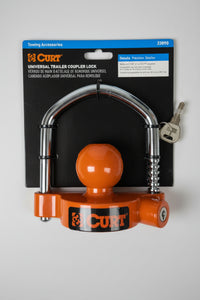CURT 23090 Universal Trailer Coupler Lock orange chrome U-lock front package view | AAA Trailer