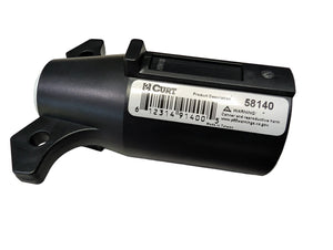 CURT 58140 7-Way RV Blade Connector Plug trailer-side black side view with label | AAA Trailer