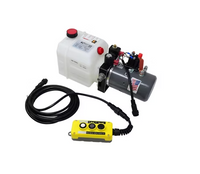 KTI DC-45416 12V double-acting hydraulic pump with 3-button wired remote, manual override, and 3 quart reservoir