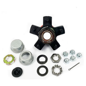 Dexter pre-greased trailer idler hub for 3,500 lb axles, 5 on 4-1/2 inch - complete with bearings, races, grease seal, grease cap, and lug nuts