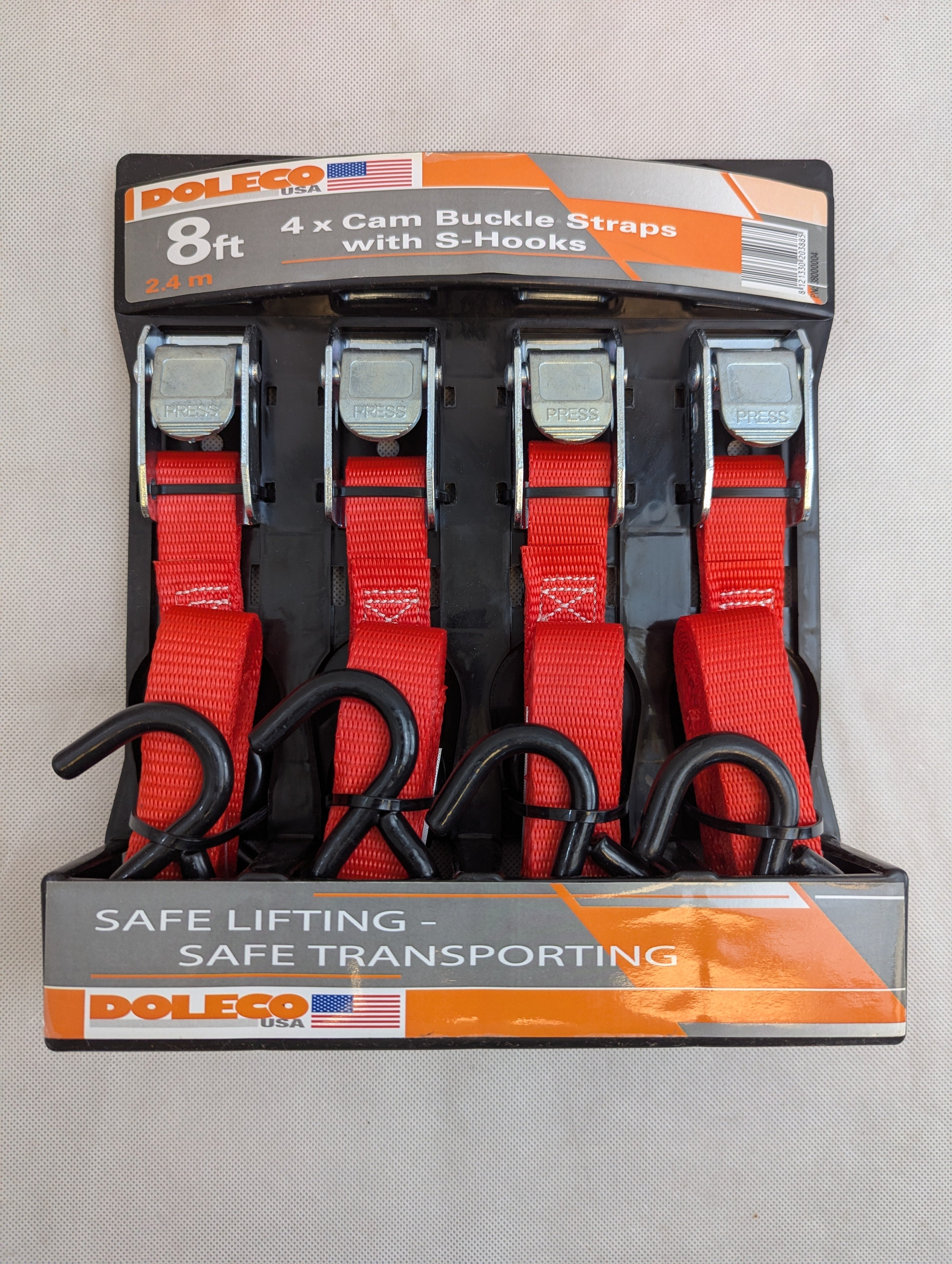 Doleco USA Tie-Down Cam Buckle Strap 1" x 8' Lashing Strap (Pack of 4)